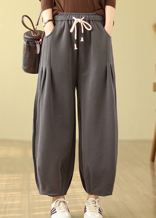 Grey Pockets Elastic Waist Warm Fleece Pants Winter