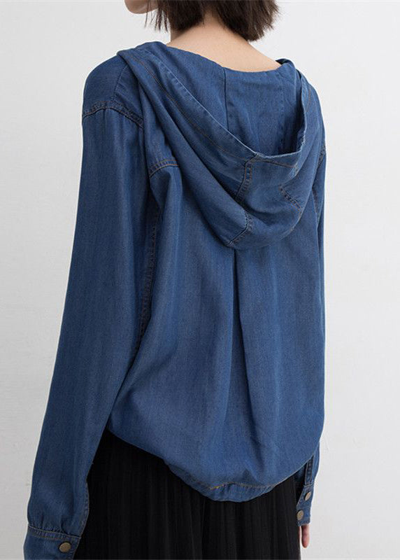 Blue Hooded Lace Up Denim Shirt Tops Long Sleeve