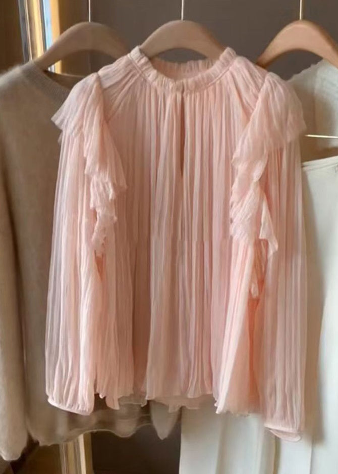 Pink Ruffled Patchwork Chiffon Tops Long Sleeve