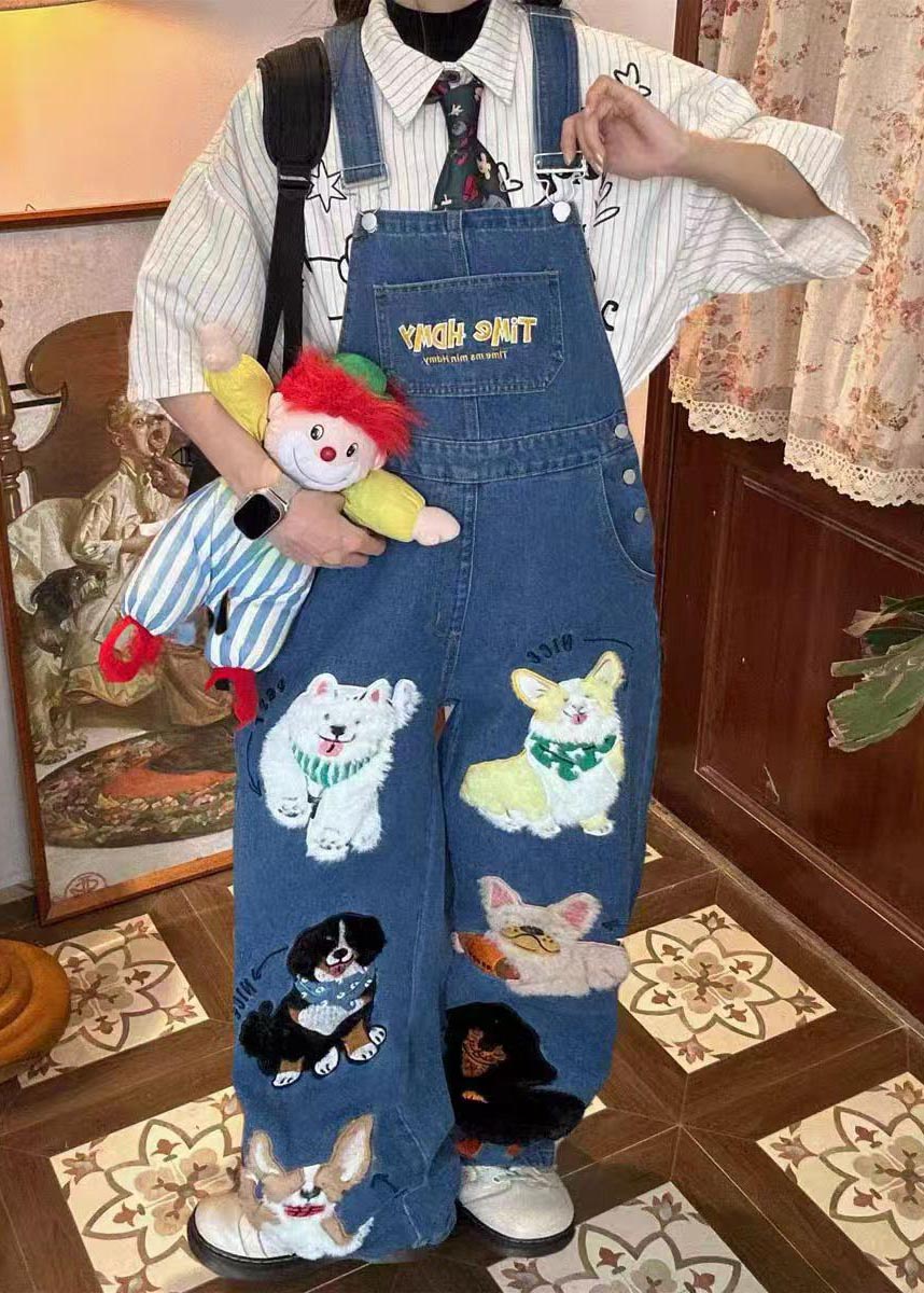 Fitted Blue Oversized Animals Denim Jumpsuit Summer