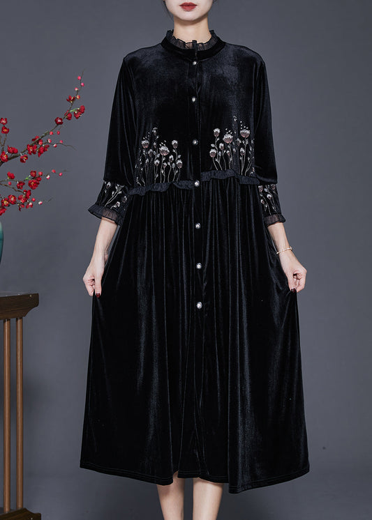Black Embroidered Patchwork Ruffled Silk Velour Dress Bracelet Sleeve