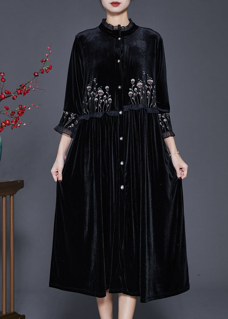 Black Embroidered Patchwork Ruffled Silk Velour Dress Bracelet Sleeve