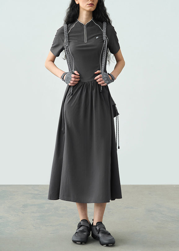 Summer Dark Grey Stand Collar Wrinkled Splicing Dress