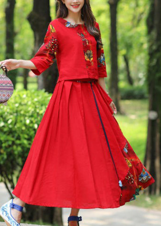 Red O-neck Button Top and Skirts Two Piece Set Fall