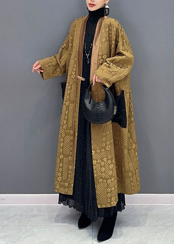 Natural Yellow V Neck Print Pockets Long Trench Coats Long Sleeve