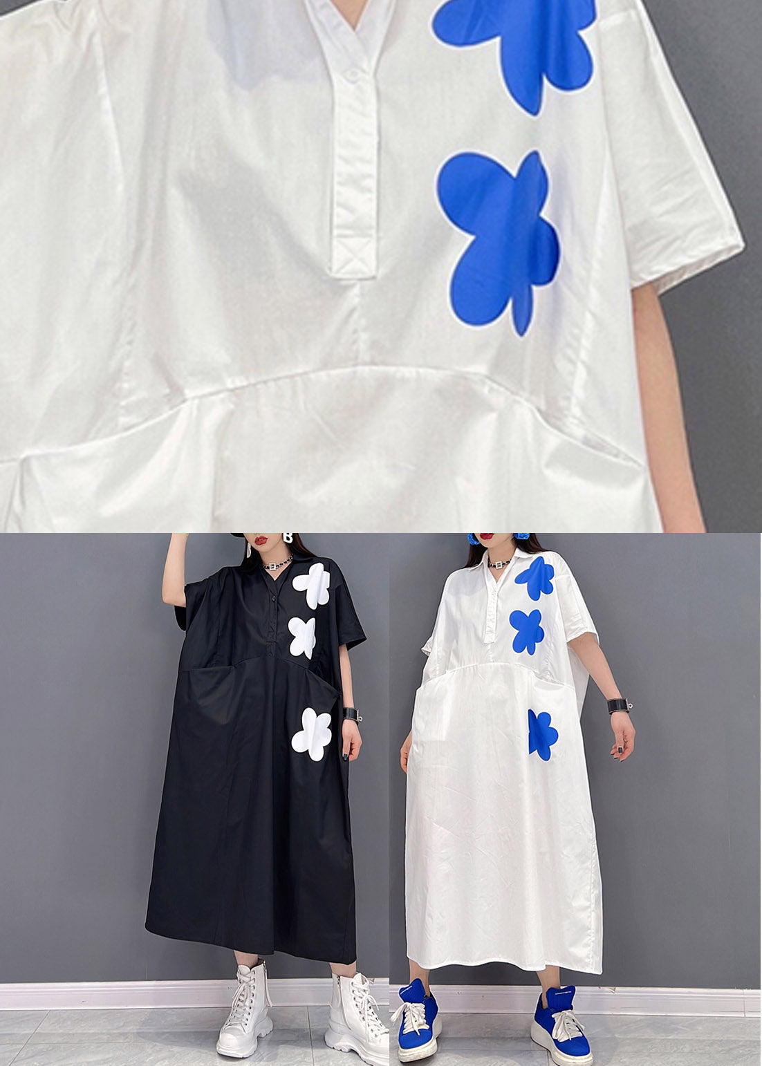 Black Patchwork Pockets Button Cotton Dress Short Sleeve Summer