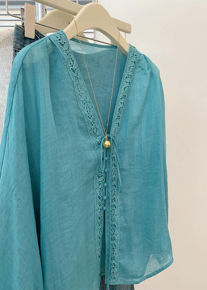 Blue V Neck Hollow Out Top Fall