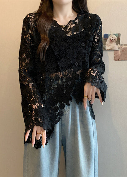 Black O-neck Asymmetrical Lace Upf 50+ Coat Spring