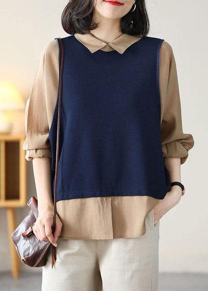 Navy Peter Pan Collar Patchwork Fake Two Piece Cotton Shirt Top Long Sleeve