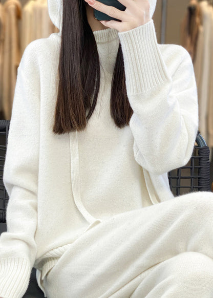 Organic Black Hooded Sweaters and Pants Woolen Two Pieces Set Fall