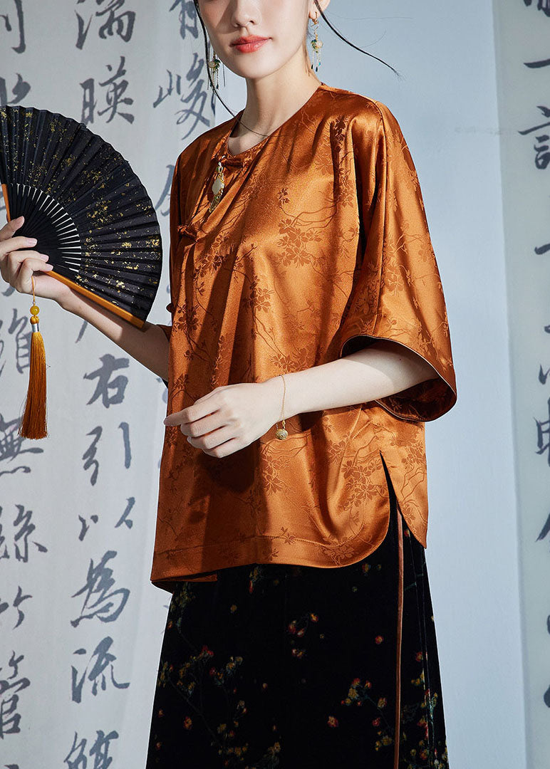 Caramel O-neck Oriental Button Side Open Jacquard Silk Shirt Half Sleeve