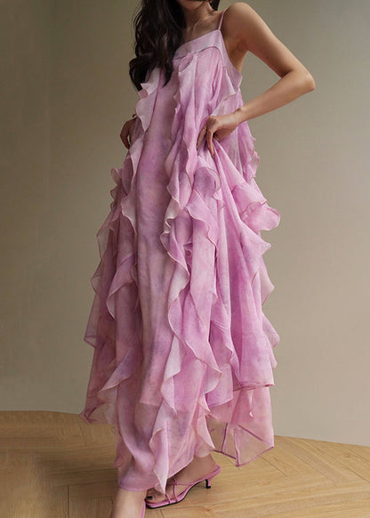 Pink Ruffled Chiffon Spaghetti Strap Dress Sleeveless