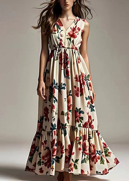 Beige Print Wrinkled Cotton Maxi Dresses Sleeveless