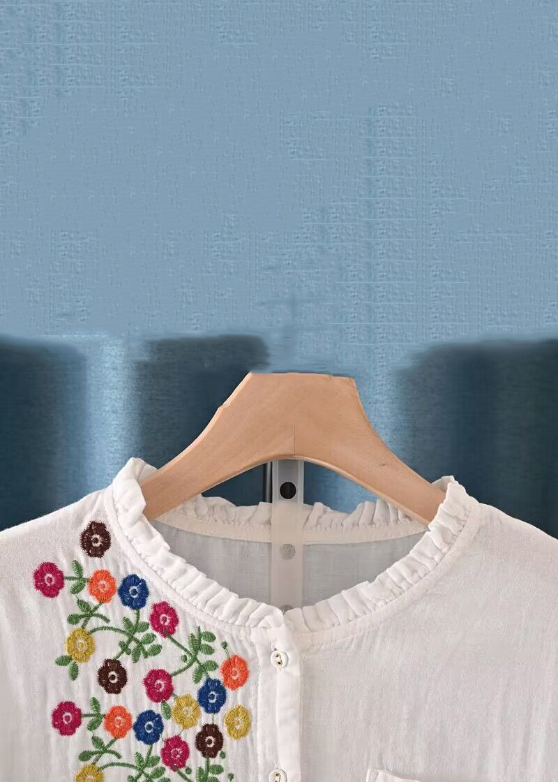 White Embroidered Ruffled Button Cotton Shirt Spring
