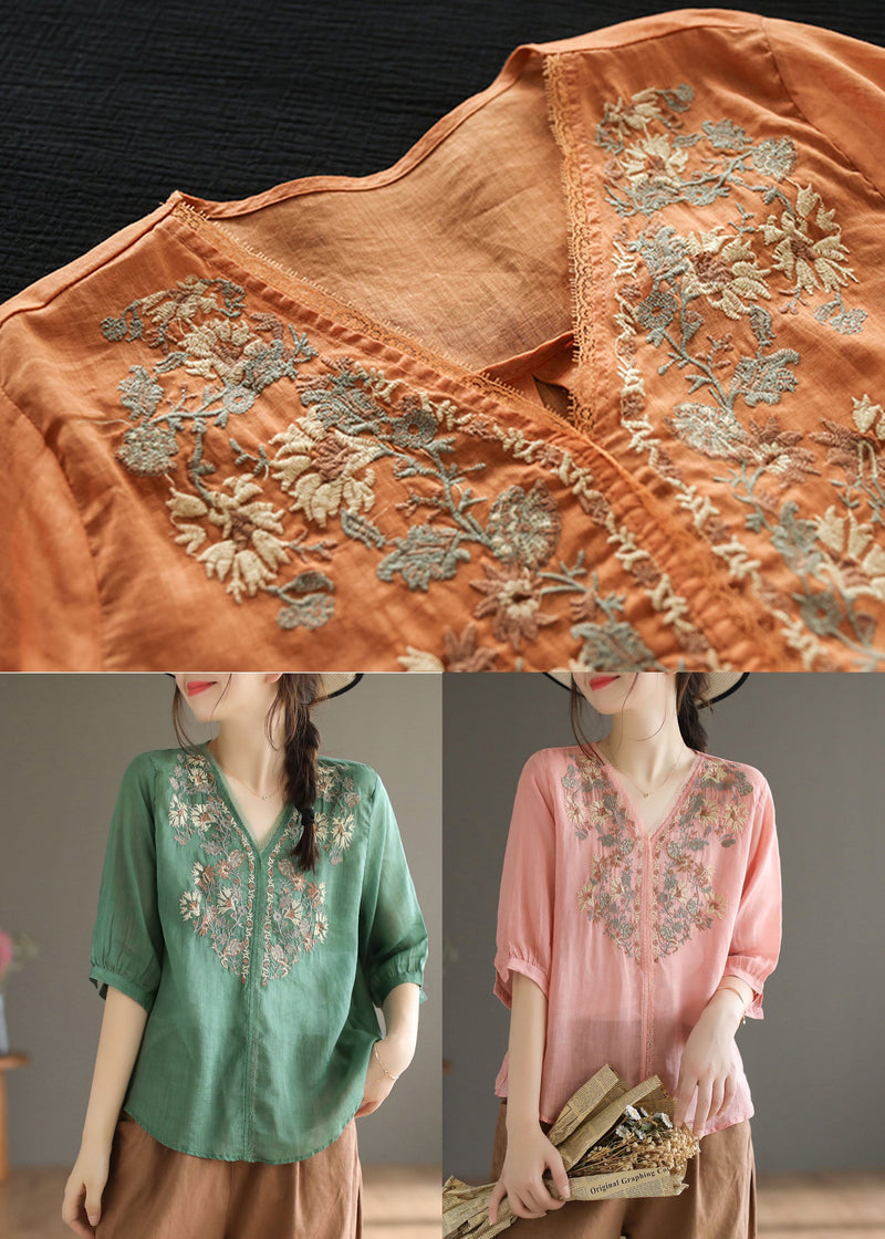 Orange V Neck Embroideried Linen Blouse Top Half Sleeve