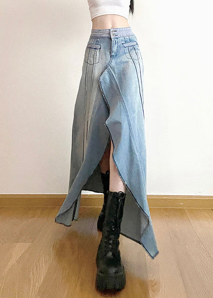 Modern Denim Blue Asymmetrical Ruffled Patchwork High Waist a Line Skirt Spring