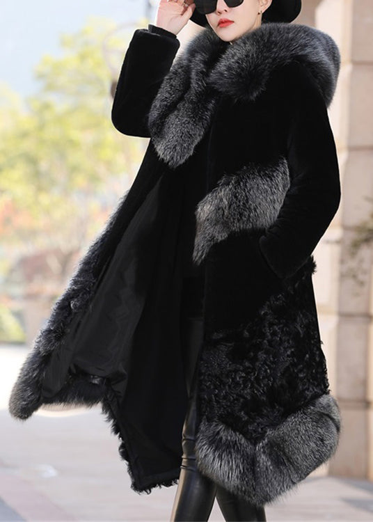 New Black Fox Collar Pockets Patchwork Leather and Fur Coats Winter
