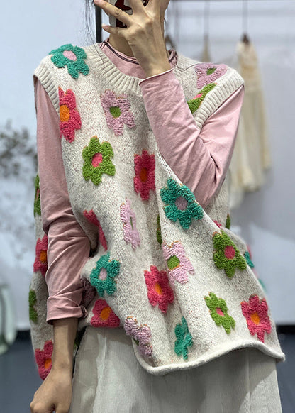 New Apricot O Neck Jacquard Cotton Knit Vest Sleeveless