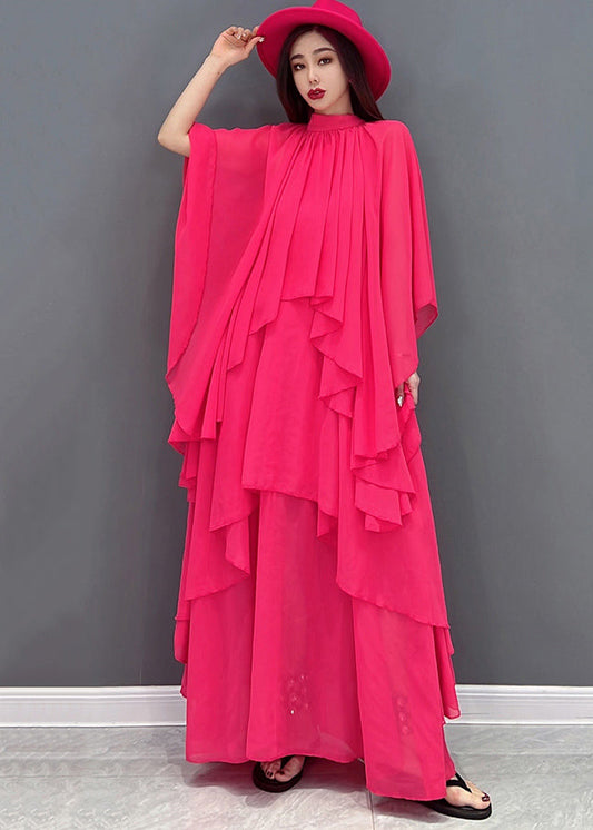 Red Stand Collar Asymmetrical Design Exra Large Hem Chiffon Beach Dress Short Sleeve