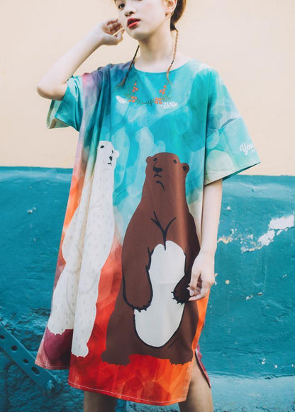 Blue Print O-neck Animal Summer Dresses Short Sleeve