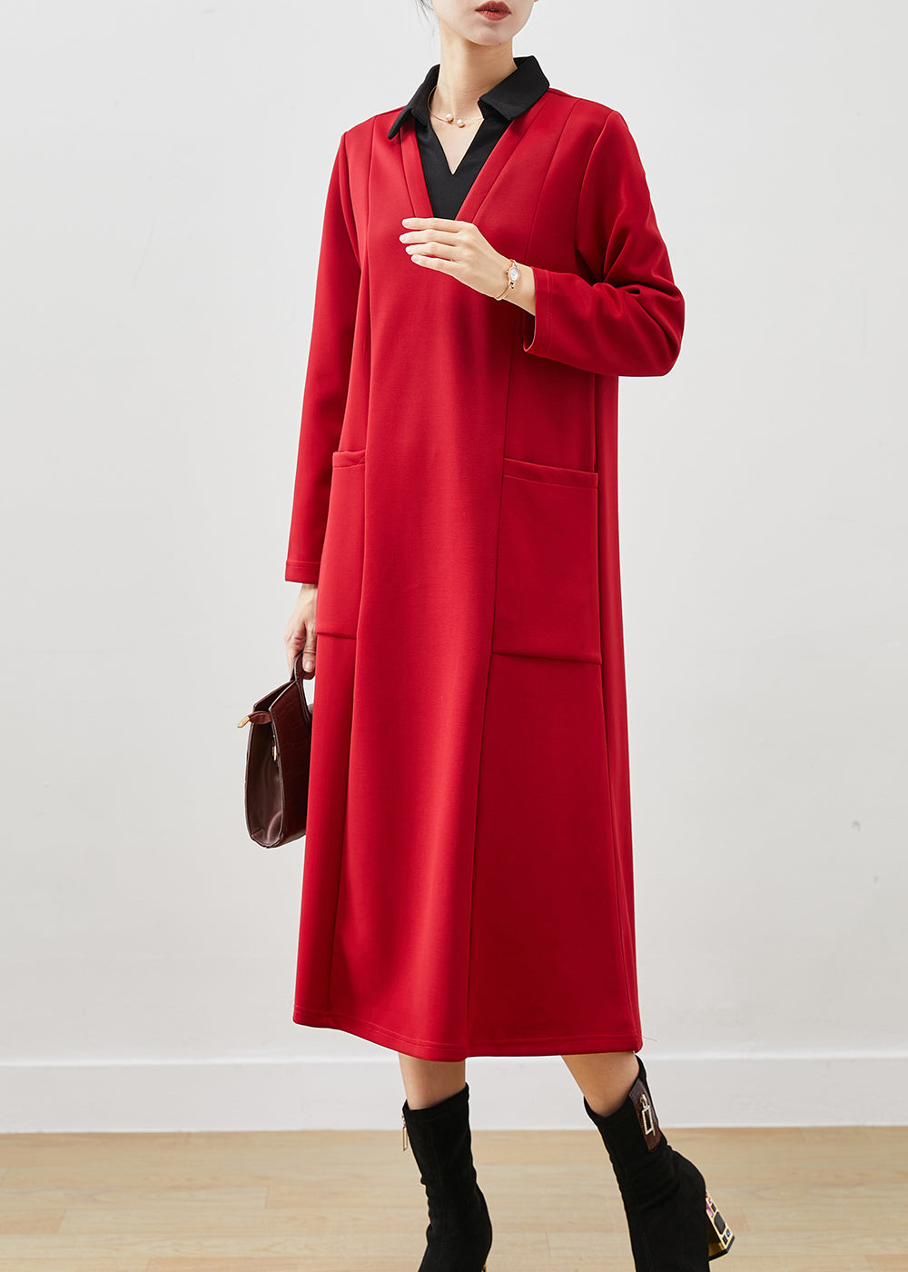 Red V Neck Patchwork Cotton Holiday Dresses Spring