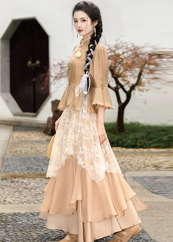 Khaki Ruffled Lace Patchwork Tops and Skirts Chiffon Two Pieces Set Summer