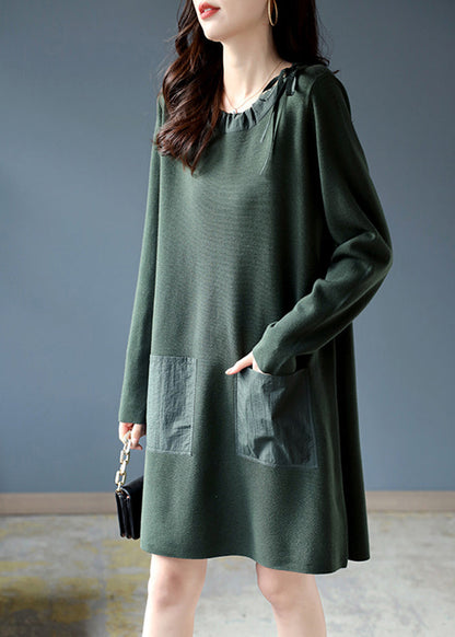 Blackish Green Oversized Drawstring Cotton Dress Spring