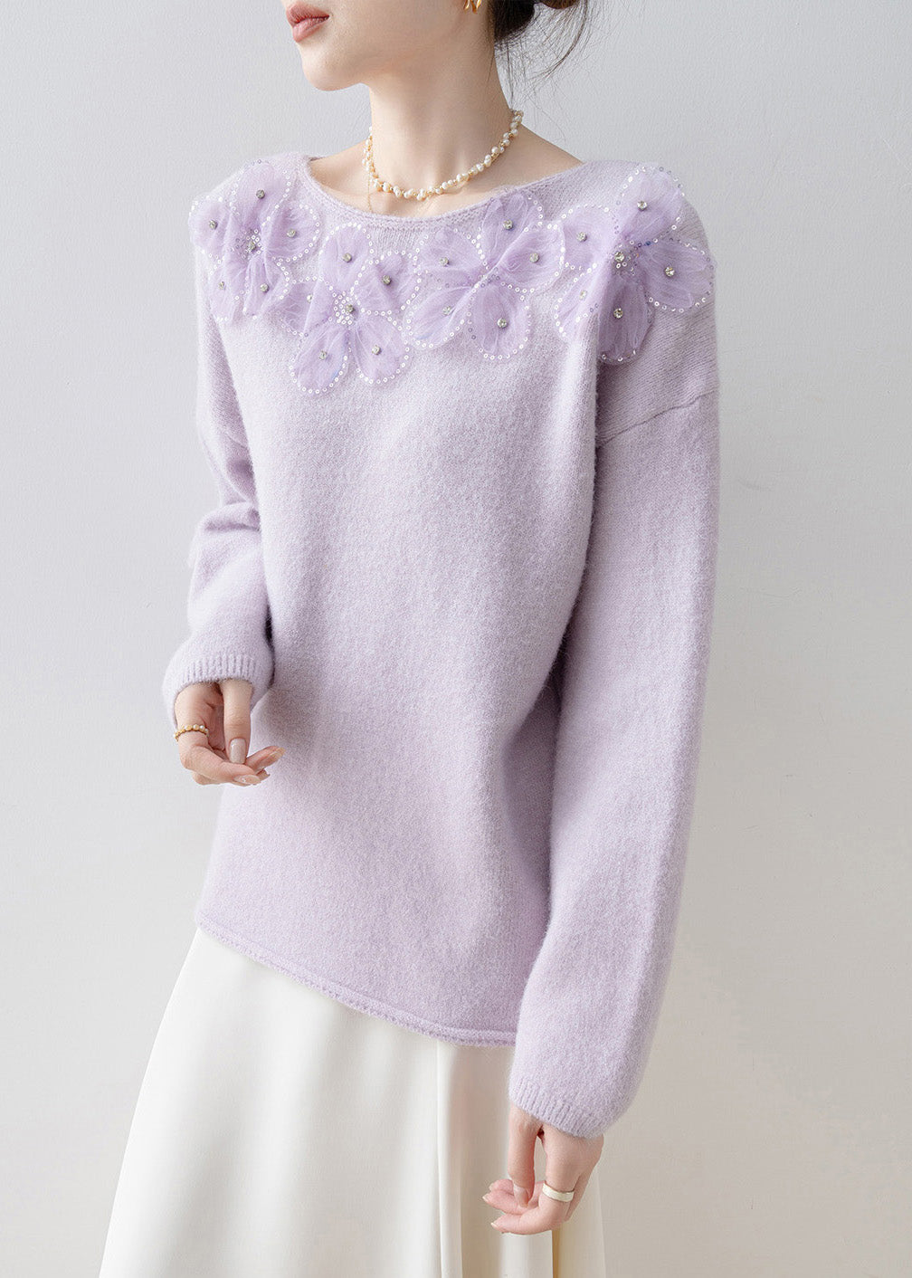 Purple O Neck Sequins Zircon Knit Top Spring
