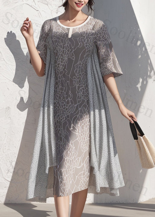 French Grey O Neck Print Patchwork Silk Dress Short Sleeve