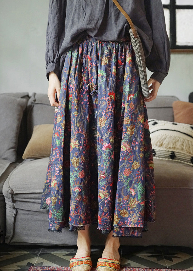 Loose Blue Elastic Waist Drawstring Cotton Skirts Spring