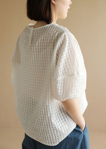 White O-neck Plaid Cotton Blouse Top Half Sleeve