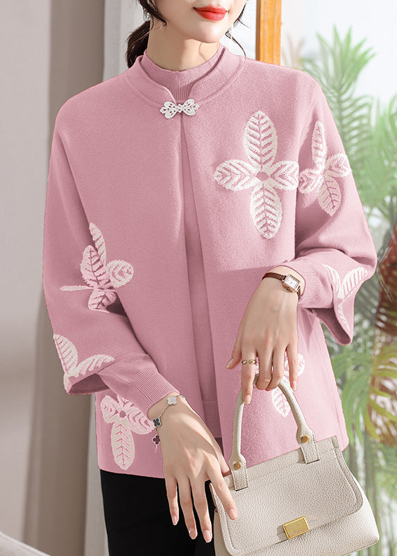 Pink Stand Collar Knit Coats and Sweaters Two-piece Set Three Quarter Sleeve