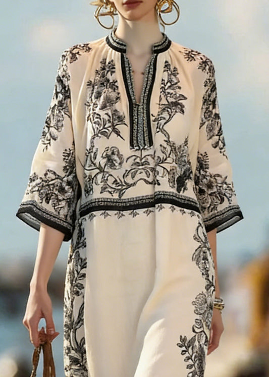 Beige Print Side Open Linen Dress Bracelet Sleeve