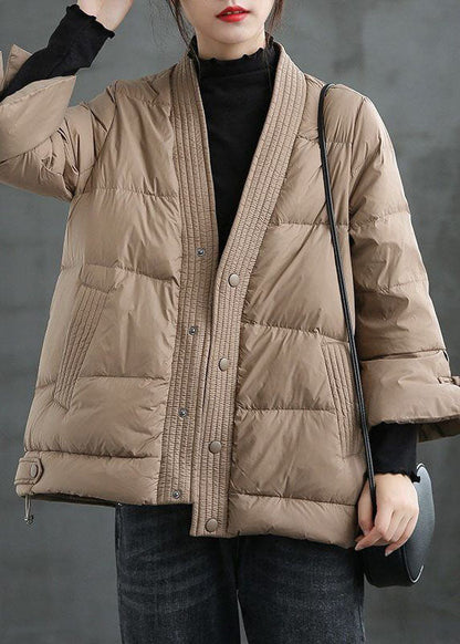 Caramel V Neck Button Thick Winter Jackets
