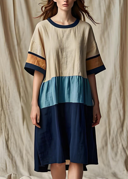 Colorblock O Neck Patchwork Cotton Dresses Summer