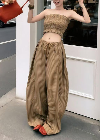 Khaki Plaid Cold Shoulder Cotton Two Pieces Set Summer