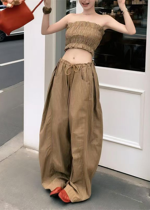 Khaki Plaid Cold Shoulder Cotton Two Pieces Set Summer