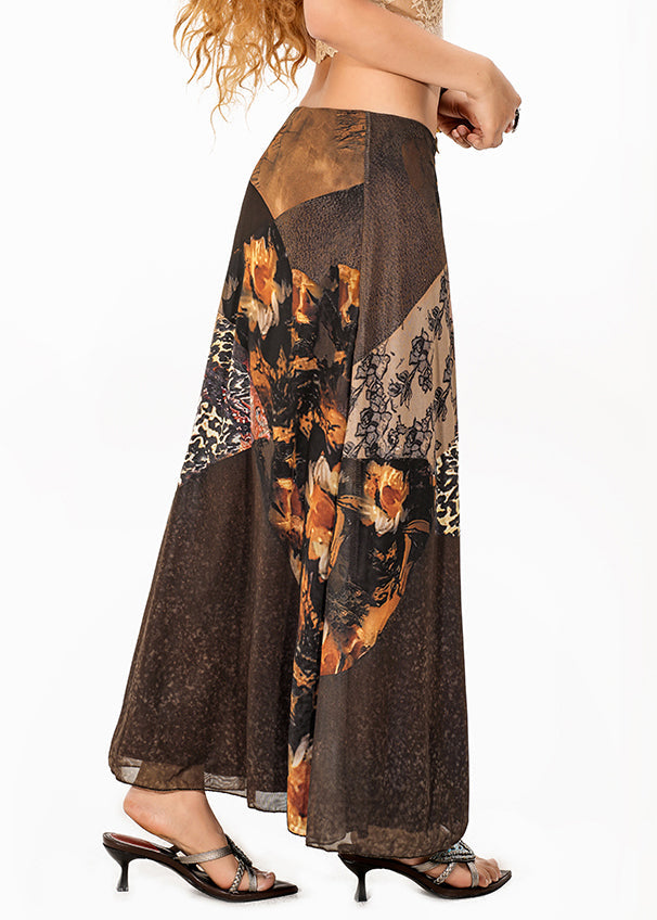 Fine Coffee Print High Waist Tulle a Line Skirt Summer