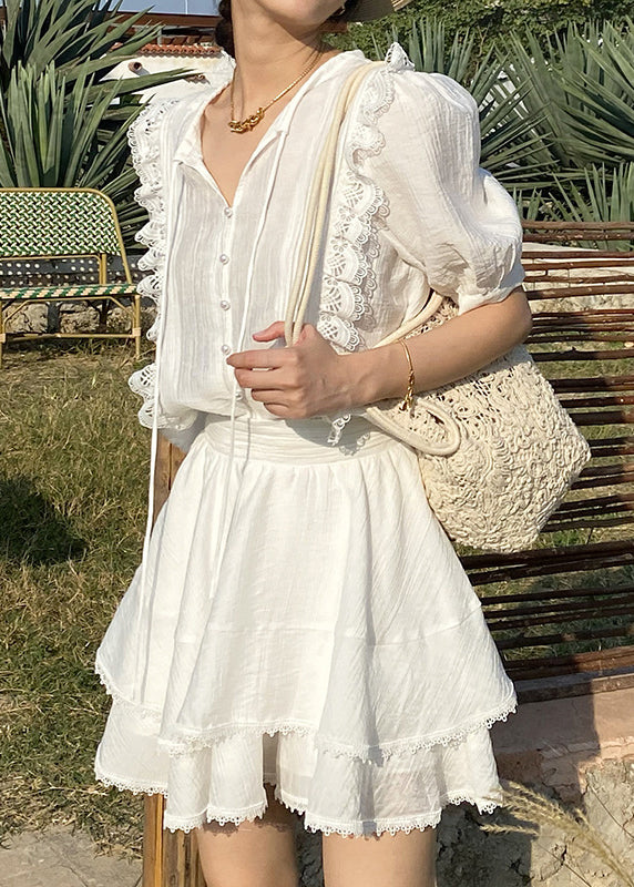 Art White Lace Up Lace Shirts and Skirts Cotton Two-piece Set Summer