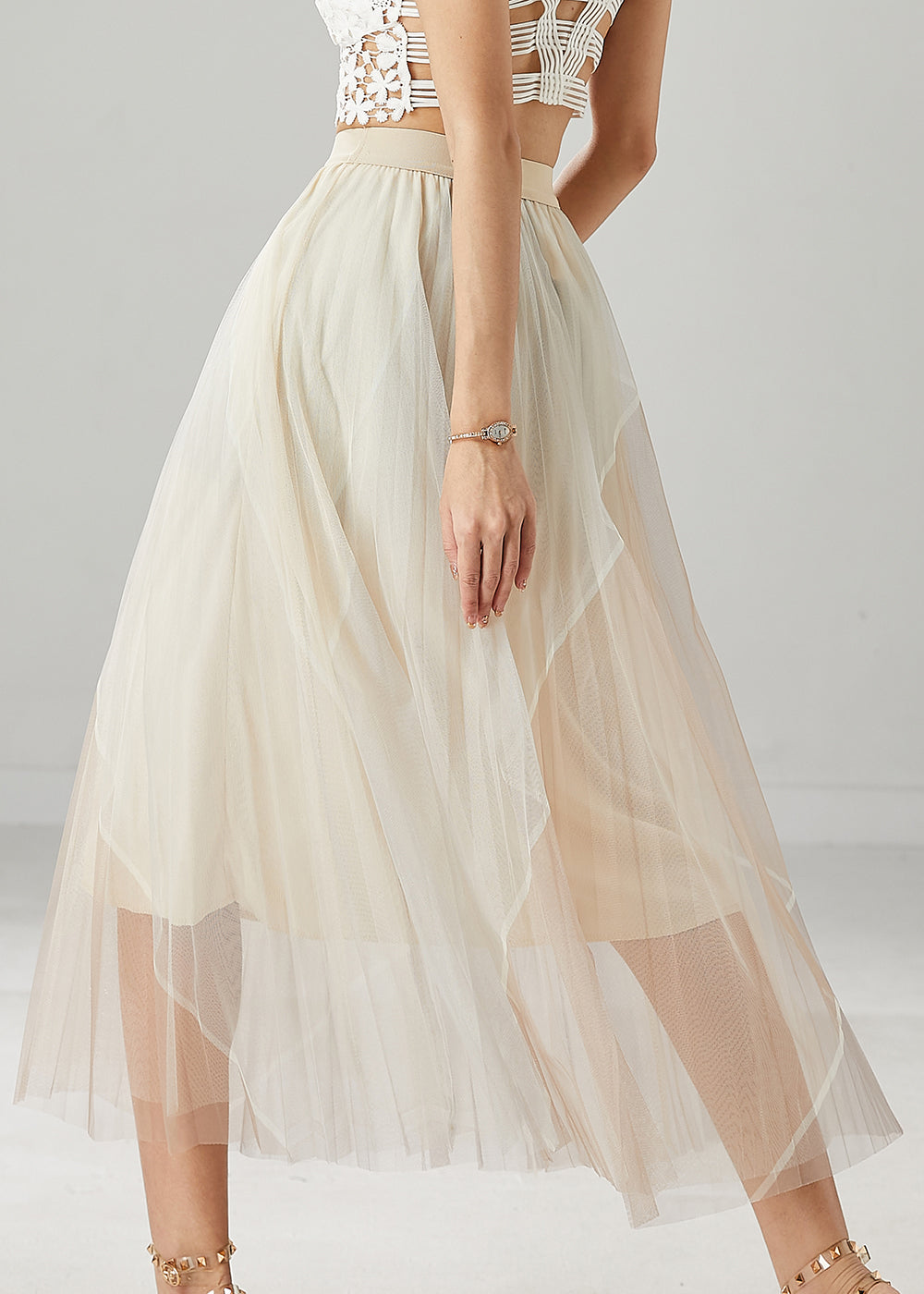 Apricot High Waist Patchwork Tulle Skirts Summer
