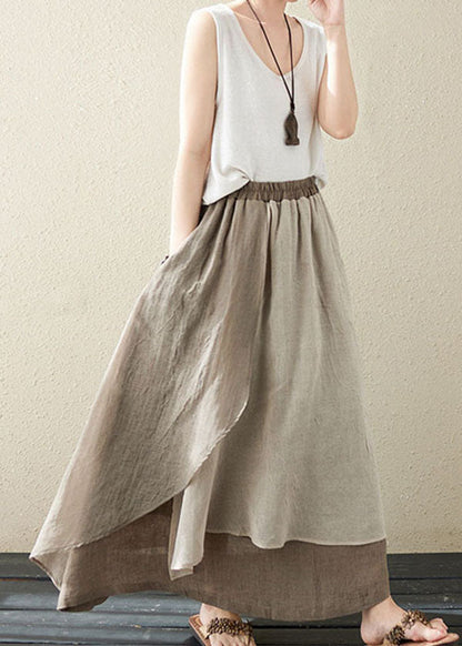 Khaki Pockets Asymmetrical Design Patchwork Linen Skirt Summer