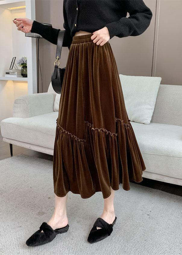 Brown Asymmetrical Wrinkled Silk Velvet Skirt Fall