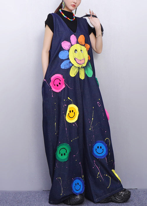 Vibrant Smiley Festooned Blue Denim Jumpsuit Look