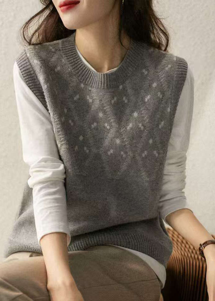 Camel O Neck Jacquard Woolen Vest Sleeveless Fall