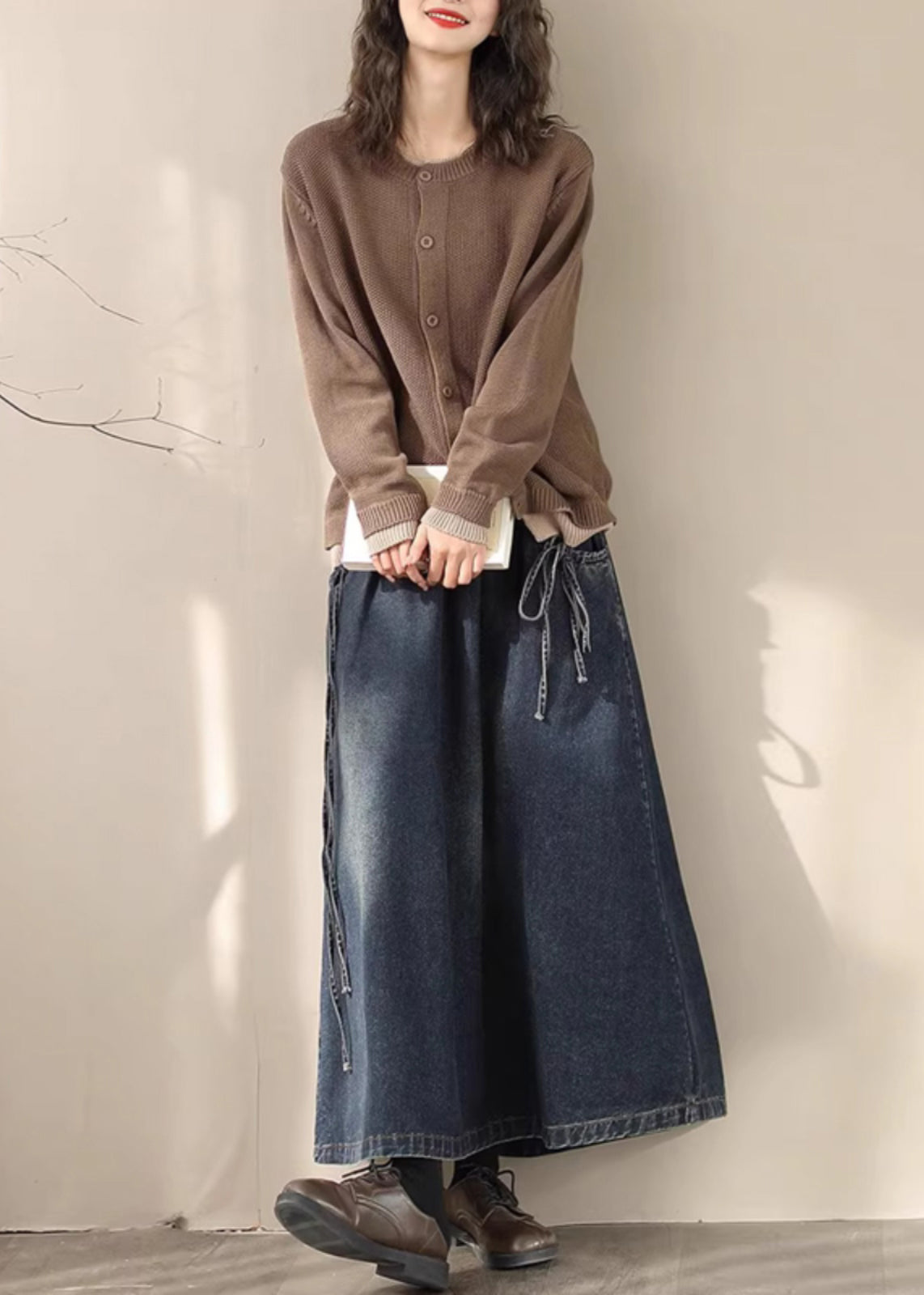 Blue Elastic Waist Lace Up Denim Skirt Spring