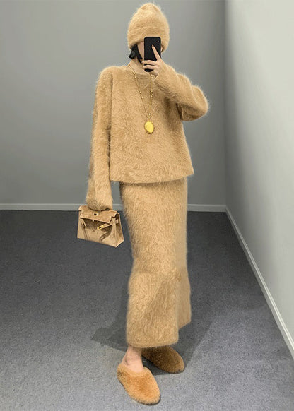 Khaki O Neck Woolen Two Piece Set Outfits Winter