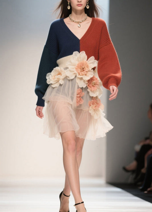 French Colorblock V Neck Tulle Patchwork Knit Dress Fall