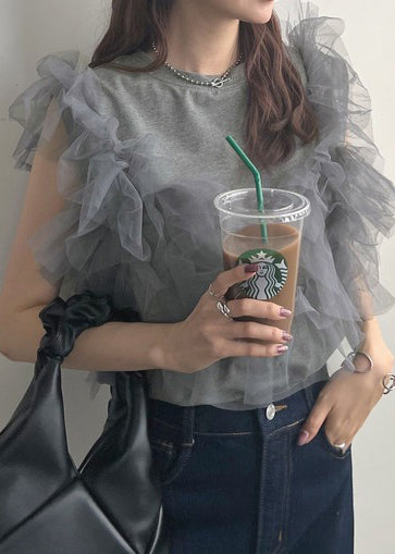 Grey O-neck Patchwork Tulle Vest Tops Summer