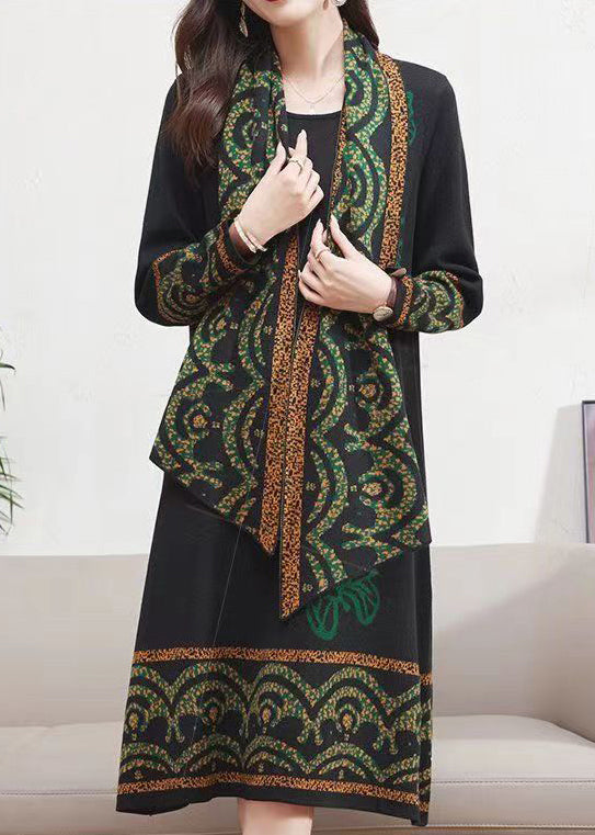 Purple O-neck Tops Scarf Dresses Cotton Knit Two Pieces Set Winter