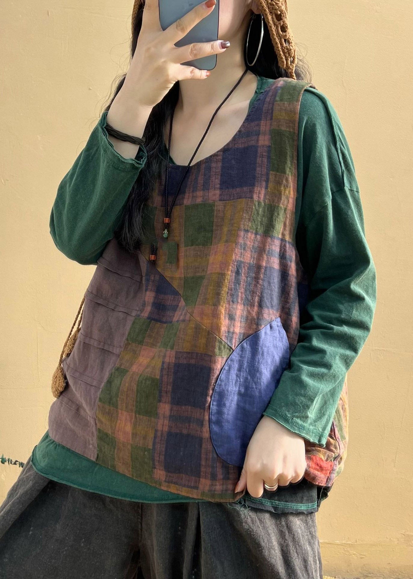 O-neck Plaid Patchwork Pockets Linen Vest Sleeveless